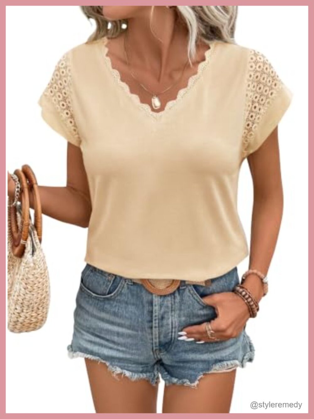 Lace Trim V-Neck Blouse Crochet Eyelet Short Sleeve Dressy Casual Top